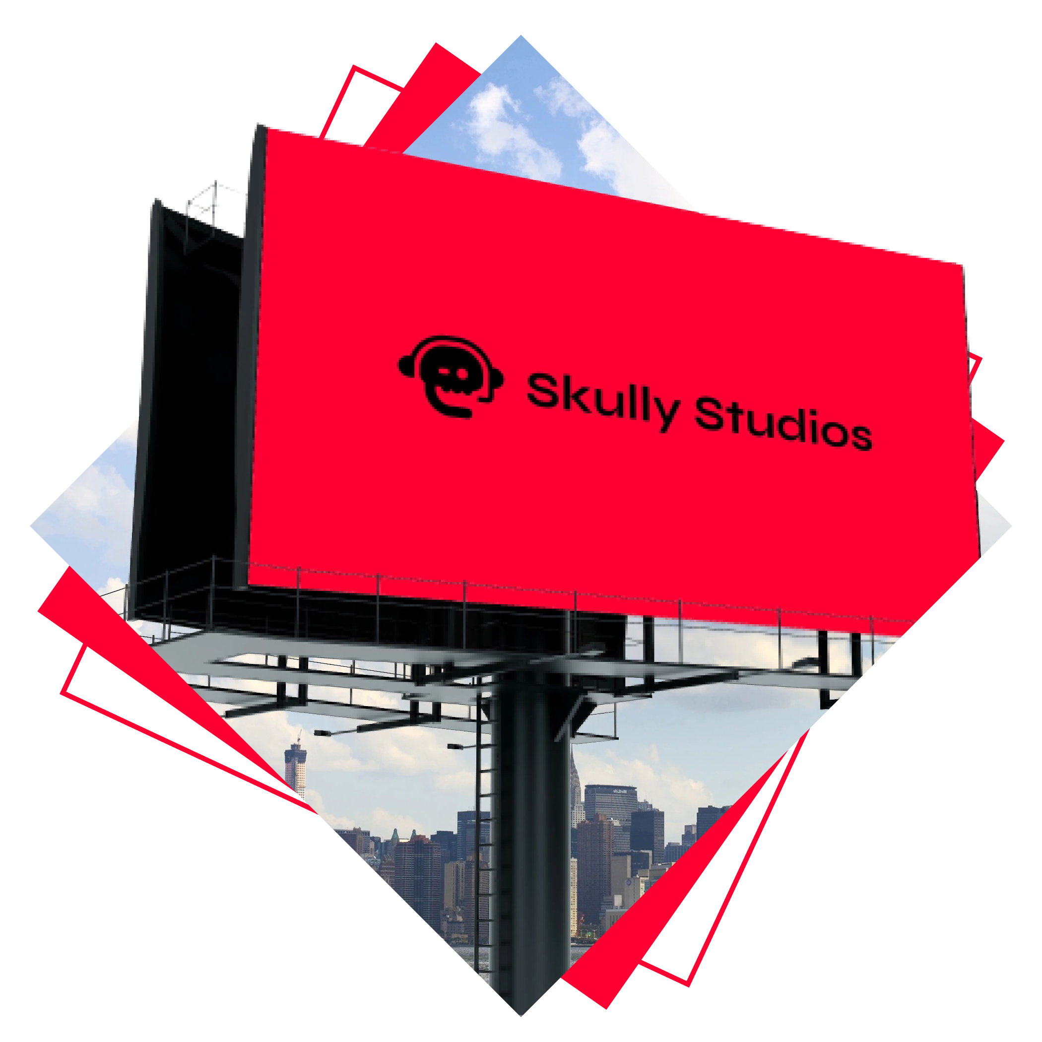 Skully Studios logo on a billboard.
